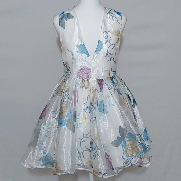 Rose Gal Women’s Plunging Neck Flower See-Through Back Tulle Dress Size 6 - Picture 1 of 6